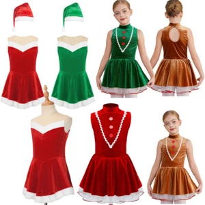 Kids Girl Christmas Santa Claus Costume Velvet One Piece Ballet Dance Dress Xmas - Picture 1 of 64
