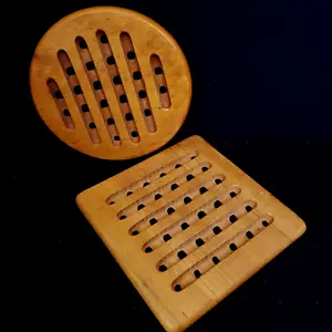 2 Vintage MCM Danish Lattice Wood Trivet Hot Pads Round and Square 7.5-8" Waffle - Picture 1 of 8