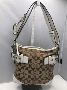 AUTHENTIC COACH Brown & Tan White Leather Women’s Crossbody Bag Signature Purse - Picture 1 of 18