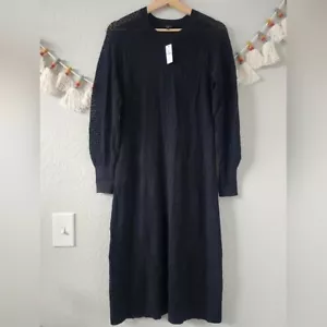 Talbots Pointelle Sleeve Ribbed Knit Black Midi Sweater Dress Minimalist NWT LP - Picture 1 of 12