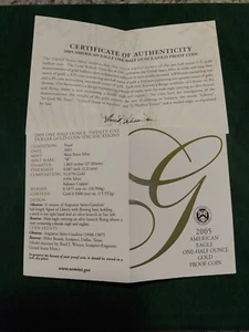 2005 $25 PROOF GOLD EAGLE HALF OUNCE ** COA ONLY ** NO BOX NO COIN - Picture 1 of 1