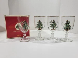 Spode Christmas Tree 16 Ounces Pedestal Goblet Glasses w/ Gold Rims Set of 4 Box - Picture 1 of 10