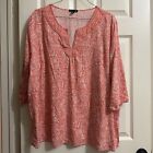 Willi Smith Woman 3X Coral Paisley 3/4 Sleeve Blouse Top Rayon Linen Blend Shirt