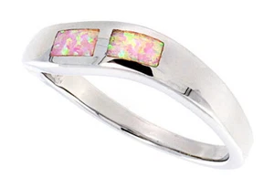 Fine Women 925 Sterling Silver Rhodium Plated, Pink Simulated Opal Ring 5mm Band - Picture 1 of 1