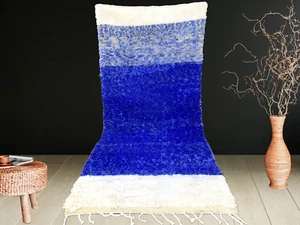 Moroccan Boujaad Handmade Runner 3'9"x8'9 Berber Abstract White Blue Wool Carpet - Picture 1 of 7