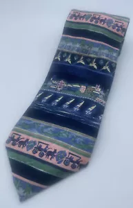 English Sports Shop Bermuda Tie Italy Silk Georgetown Scene Finsness Blue Pink - Picture 1 of 5
