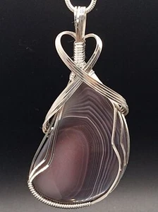 Handgefertigter Botswana Achat Anhänger - Argentium Sterlingsilber Draht gewickelt - Bild 1 von 4