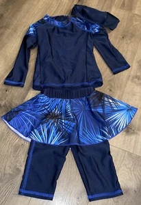Swimsuit Shirt Set W Pants & Hat 12M LS Girls Geometric Designs Blues White New - Picture 1 of 6