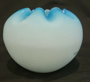 Art Glass Rose Bowl Fenton? Victorian Blown Blue Satin Blown Crimped Rim - Picture 1 of 9