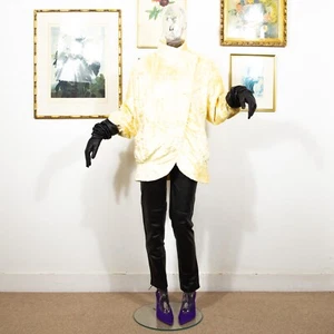 Vintage 1990s Yellow Faux Fur Coat High Neck Long Puffed Sleeves Size L - Picture 1 of 8