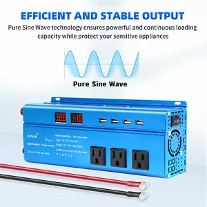Pure Sine Wave Power Inverter DC 12V to AC 120V 4USB 3AC 1200W 2400W Converter - Picture 1 of 8