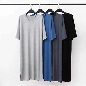Men✨Bamboo Nightshirt V Neck Sleepwear Short Sleeve Nightwear Loose Long Pyjamas - Picture 1 of 25
