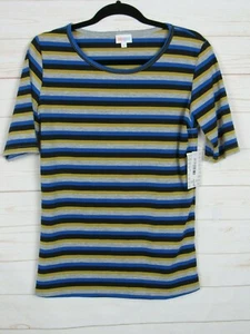 Top de mujer Lularoe Gigi gris, negro, azul y amarillo a rayas talla L nuevo con etiquetas - Imagen 1 de 3