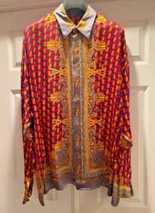 Creme de Silk Red Multicolor Fancy Graphic Print Silk Long Sleeve Shirt - 3X - Picture 1 of 7