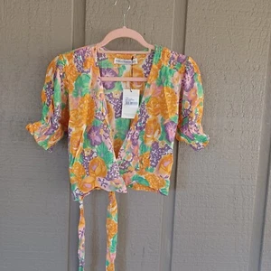 Faithfull The Brand La Colle Top Size 2 Ade Floral Print Wrap Crop Boho Women - Picture 1 of 10