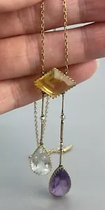 Art Nouveau Citrine Amethyst Rock Crystal Teardrop Negligee Necklace 9ct Gold - Picture 1 of 10