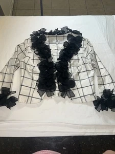 Marisa Baratelli Thai Silk Jacket Blazer Black Check Ruffle Accent Sz 4 Elegant - Picture 1 of 9