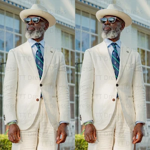 Linen Man Suits 2 Pcs Summer Party Wear Wedding Groom Evening Trendy Tuxedos - Picture 1 of 7