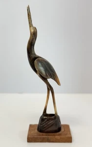 Gru in corno di bufalo intagliato vintage Egret 8,25" figura uccellino alto con base in legno usata in ottime condizioni - Foto 1 di 8