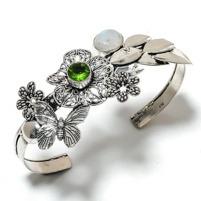 Natural Rainbow Moonstone,Peridot 925 Sterling Silver Cuff Bangle Adj. Gift f044 - Image 1 of 4