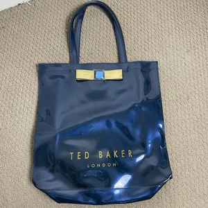 TED BAKER Blue Patent PU Icon 3D Gold Bow Trim Tote/Shopper Bag - Picture 1 of 14