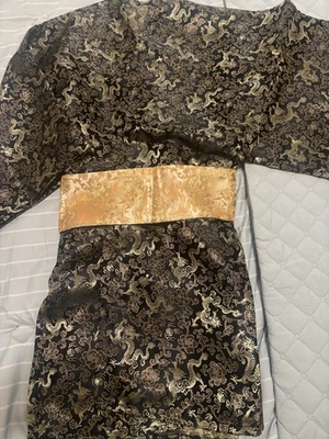New Shiny Black & Gold Kimono, Reversible Belt, Halloween Costume One Size - Image 1 of 4