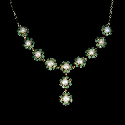 925 Sterling Silver Necklace Oval Emerald Pearl Rhodolite Gemstone Jewelry 18.5 - Image 1 of 4