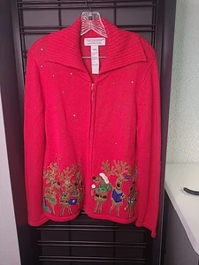 VTG Tiara International Christmas Sweater Reindeer Embroidered Beaded Sequin M - Picture 1 of 10