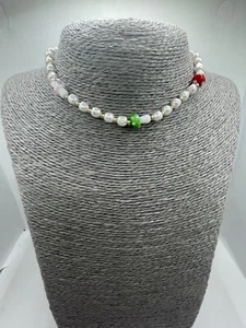 Gold Tone Cultured Pearl & Glass Mushroom Charm Drop Choker Necklace Magical - Picture 1 of 8