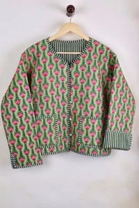 Green Quilted Cotton Floral Jacket Handmade Cotton Jacket Women's Clothing US - Picture 1 of 4