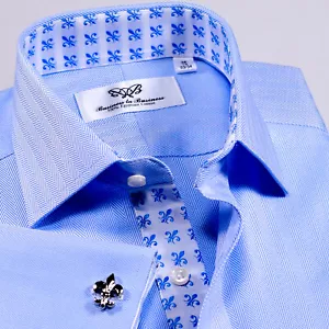 Luxury BLUE Herringbone Formal Business Dress Shirt Blue Fleur-de-lis Inner Top - Picture 1 of 8