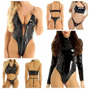 Set lingerie sexy donna pelle lucida supporto coltura top mutandine body abbigliamento club - Foto 1 di 39