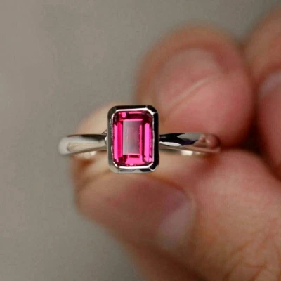 3Ct Emerald Simulated Pink Ruby Solitaire Engagement Ring 14K White Gold Finish - Image 1 of 4
