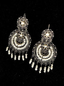 Vintage FEDERICO JIMENEZ 925 Sterlingsilber OAXACAN filigrane OHRRINGE weiße Perlen - Bild 1 von 13