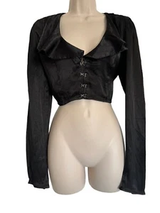 Free People Blouse XS Stretch Black Shirt Crop Top Long Sleeve Clip Hook Ruffles - Picture 1 of 12
