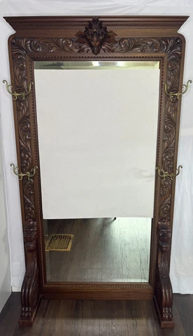 1800s 79x44 PIER MIRROR w/ Beveled Glass, Carved Lion Heads, Frieze Border Hooks Cover