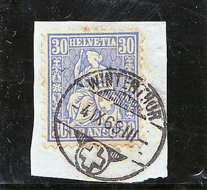 Schweiz-Schweizerische Bundespost-1868-sitzende Helvetia-Briefstück 33 B Gebrauc - Imagen 1 de 1