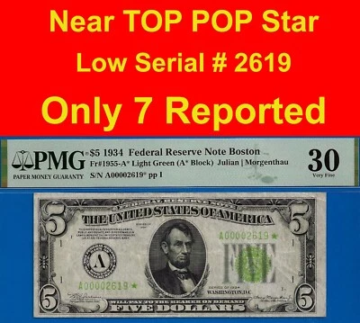 1934 $5 Federal Reserve Note PMG 30 rare Boston LGS low serial star Fr 1955-A* - Image 1 of 4