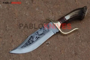 Premium handgeschmiedet J2 Stahl Jagd Löwe bedruckt Bowie Messer Krone Hirsch Griff - Bild 1 von 6