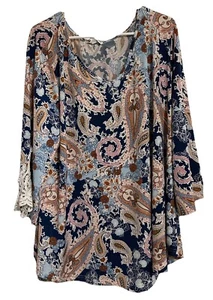 3X Stem & Vine Blue Paisley Print Crochet Lace Trim 3/4 Sleeve Bell Top Slinky - Picture 1 of 6