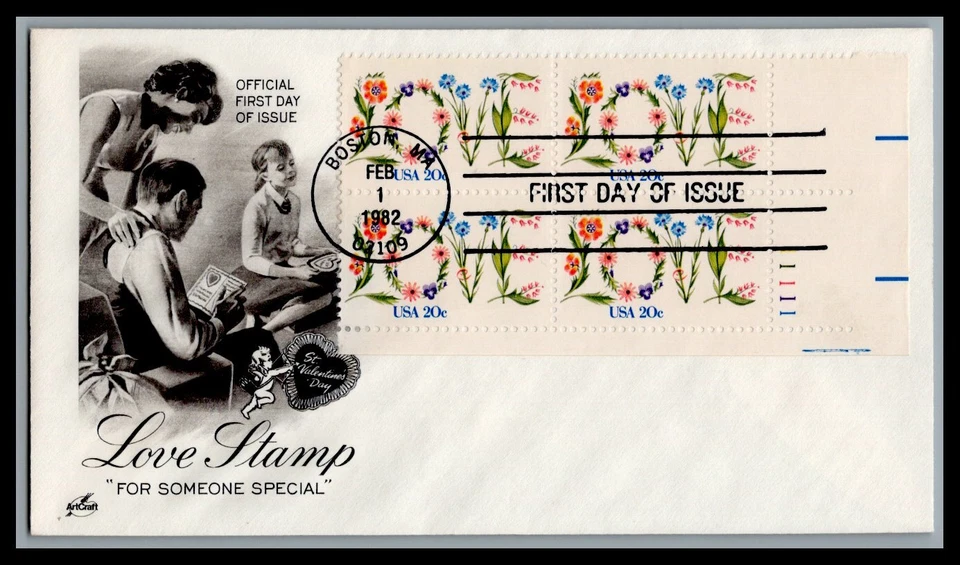 US FDC # 1951 20c Love, with Flowers ArtCraft Plate Block 11111 LR 1982, 9M879 - Image 1 of 1