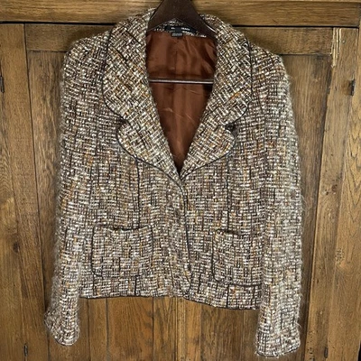Ellen Tracy Mohair Blend Women Jacket 8 Brown Plaid Open Front Statement Piece - Image 1 of 4