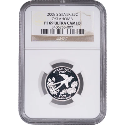 2008-S Silver Oklahoma State Quarter - Proof ~ NGC PF 69 ULTRA CAMEO - Image 1 of 2