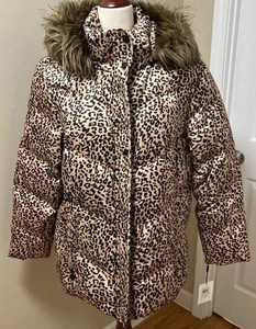NWT $250 Calvin Klein 2X Down/Feather Faux Fur Hooded Puffer Coat Leopard Print - Picture 1 of 14