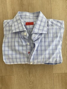 Luxury Isaia Blue Check Business Dress Shirt Cotton Size 39 15.5 M Made In Italy - Picture 1 of 10