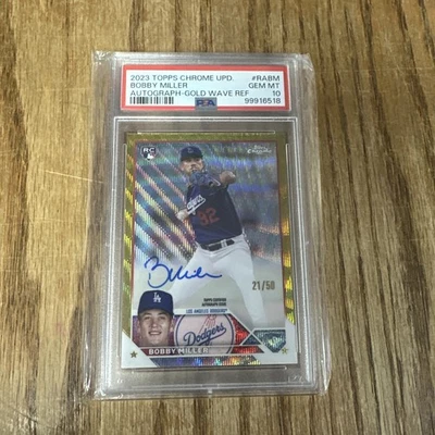 Bobby Miller 2023 Topps Chrome Update RC AUTO Gold Wave Refr /50 PSA 10 Gem Mint - Image 1 of 2