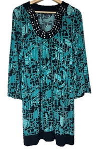 APT. 9 Damen Etuikleid türkis/schwarz geometrisches Muster Nieten 3/4 Ärmel Boho - Bild 1 von 16