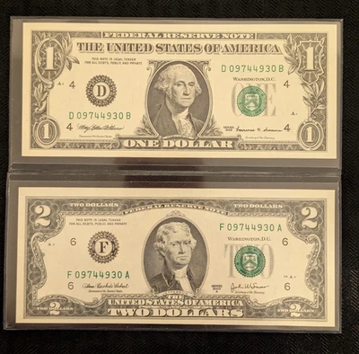 09744930 : MATCHING Number $1 / $2 Dollar Bill Fancy Serial Number  09744930 - Image 1 of 4