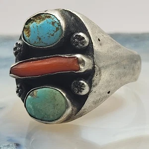 Vintage Navajo Ring 2 Steine Türkis Koralle 13,5 Gramm Sterlingsilber 925 Größe 12 - Bild 1 von 14