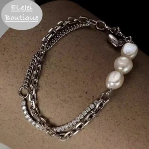 925 Sterling Silver Layered Chain Bracelet with Freshwater Pearl & Zircon - Picture 1 of 8